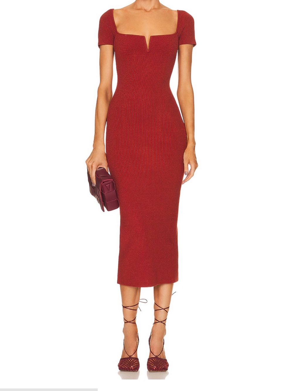 Galvan London Freya Ribbed Knit Bodycon Midi Dress Rust Orange XS